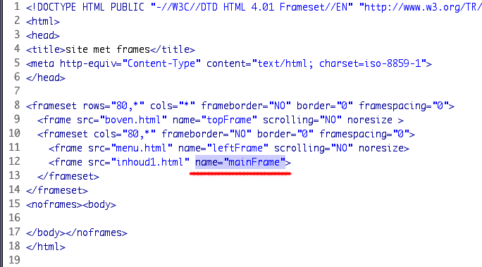 de code van een frameset in Dreamweaver